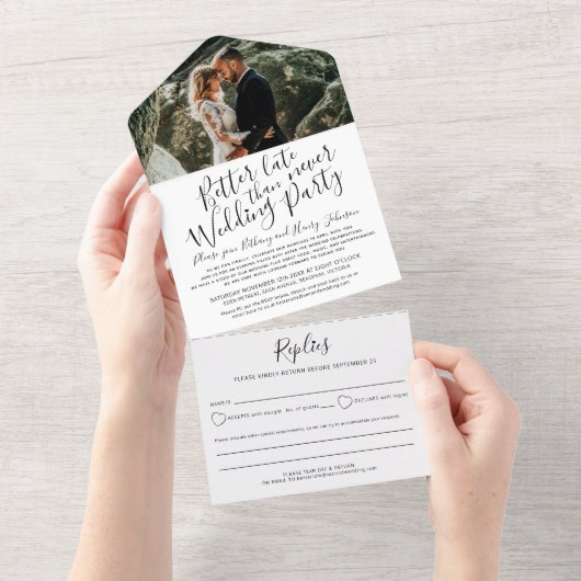 Besseres spät Hochzeitsfeier UAWG Schwarz-weiß All In One Einladung (Abreißen)