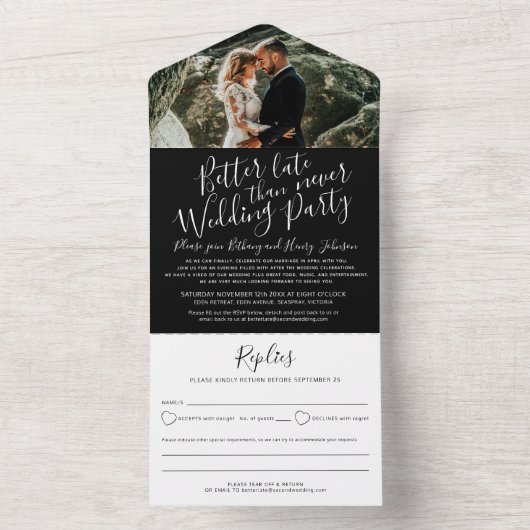 Besseres spät Hochzeitsfeier UAWG Schwarz-weiß All In One Einladung (Innen Boden)