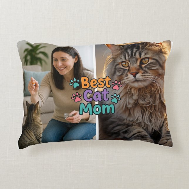 Best Cat Mom Custom Pillow with Two Photos Dekokissen (Vorderseite)