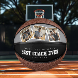 Best Coach Ever 3 Photo Collage Grey & Black Mini Basketball