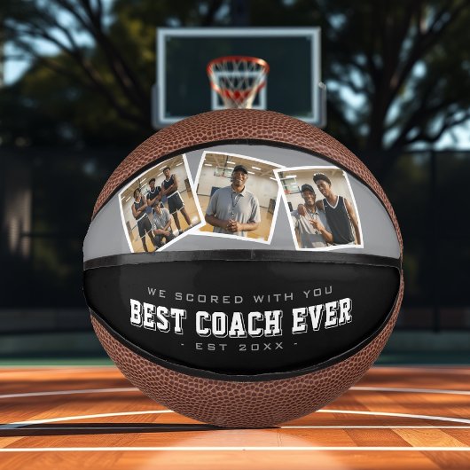 Best Coach Ever 3 Photo Collage Grey & Black Mini Basketball