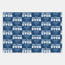 Best Coach je Typografie Name Jahr Weiß Blau Geschenkpapier Set