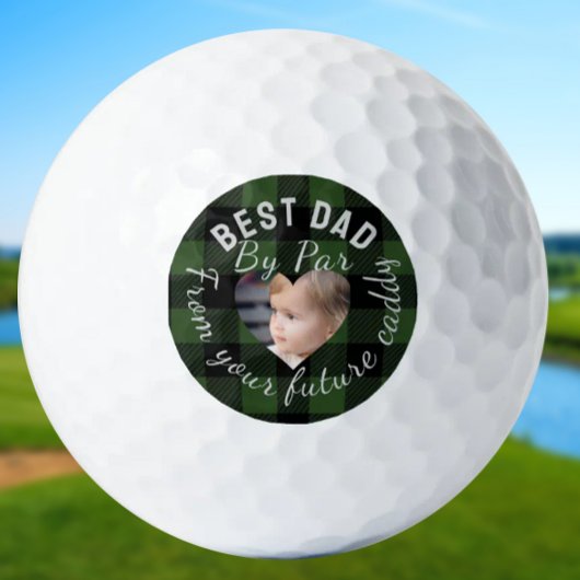 Best Dad Custom Kids Photo Green Buffalo Plaid Golfball