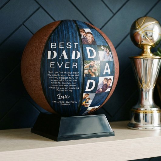Best Dad Ever Photo Collage Woodgrain Personalize Basketball