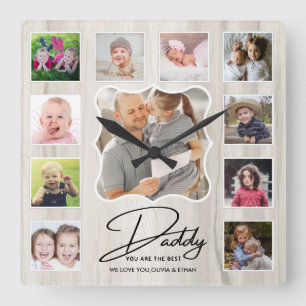Best Daddy Ever 11 Photo Collage Rustic Wood Quadratische Wanduhr