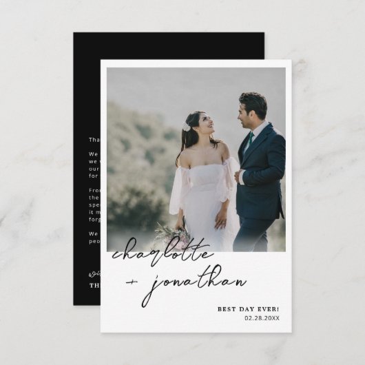 Best Day Ever Foto Calligraphy Black Wedding Dankeskarte (Vorne/Hinten)