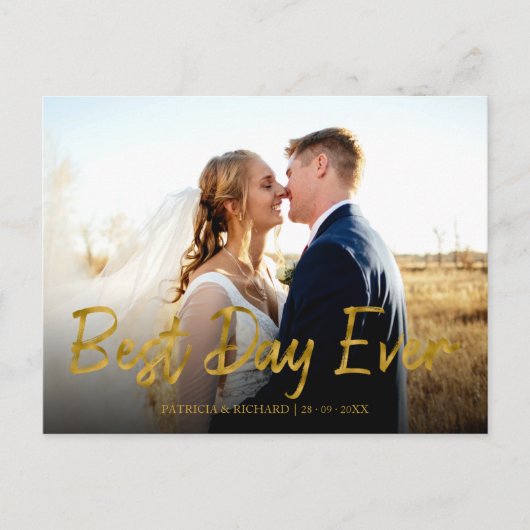 Best Day Ever Gold Foil Wedding Danke Foto Postkarte (Vorderseite)