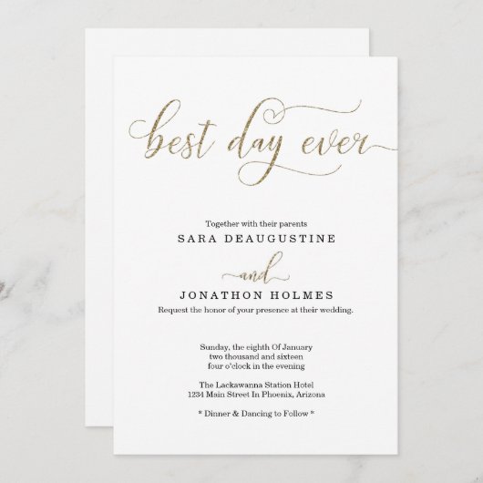 "Best Day Ever" Goldene Glitzer Hochzeit Einladung (Vorne/Hinten)
