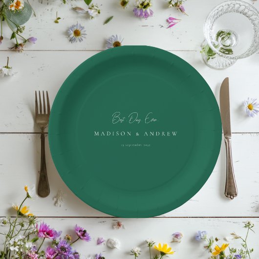 BEST DAY EVER! Modern Minimal Green Wedding Pappteller