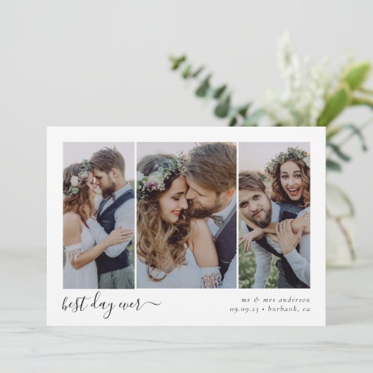 Best Day Ever Script Triptych Foto Hochzeit Dankeskarte (Stehend Vorderseite)