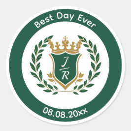 Best Day Ever Wedding Monogram Green Gold Crest Runder Aufkleber