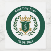 Best Day Ever Wedding Monogram Green Gold Crest Weinetikett (Einzelnes Label)