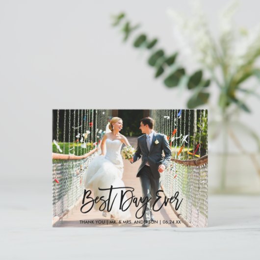 Best Day jemals Brush Script Wedding Vielen Dank Postkarte (Stehend Vorderseite)