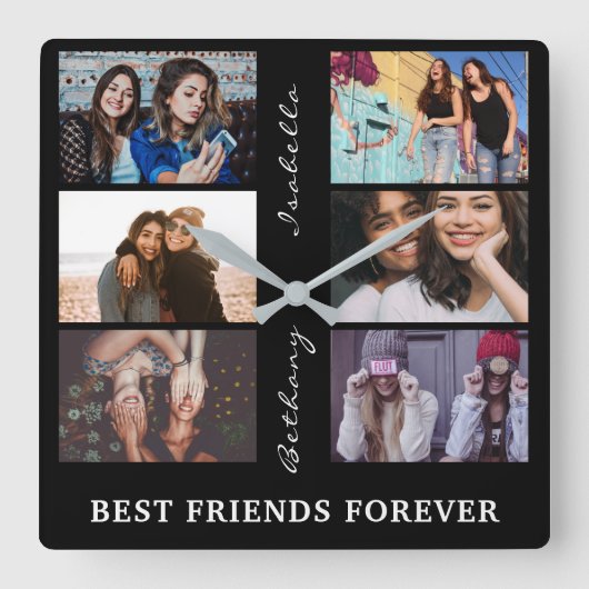 Best Friend Forever Custom 6 Foto Collage & Name Quadratische Wanduhr (Vorderseite)