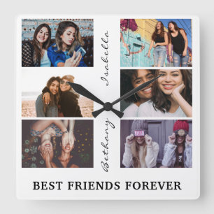 Best Friend Forever Custom 6 Photo collage & Name Quadratische Wanduhr
