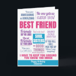 Best Friend Geburtstagsangebot Karte<br><div class="desc">Eine phantastische Bestie got? Dieses fabelhafte rosa und blaue Design ist voll von inspirierenden Zitaten und Redewendungen über die besten Freunde. Zu den Redewendungen zählen "Soul Schwestern" und "niemand bekommt uns wie wir!. Die moderne Typografie macht einen stilvollen Grußwagen. Fügen Sie Ihre eigene persönliche Nachricht hinzu, um sich mit einer...</div>