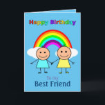 Best Friend Rainbow Personalisiert Geburtstag Karte<br><div class="desc">Herzlichen Glückwunsch zum Geburtstag Best Friend Karte. "Happy Birthday" in farbigem Text, darunter ein großer, heller, farbenfroher Regenbogen mit zwei weißen flauschigen Wolken. Zwei beste Freunde mit Händen, einer in einem blauen Kleid in einem gelben Kleid, beide mit großen glücklichen Lächeln auf ihren Gesichtern. Unten in blau Text ist "Best...</div>