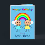 Best Friend Rainbow Personalisiert Geburtstag Karte<br><div class="desc">Herzlichen Glückwunsch zum Geburtstag Best Friend Karte. "Happy Birthday" in farbigem Text, darunter ein großer, heller, farbenfroher Regenbogen mit zwei weißen flauschigen Wolken. Zwei beste Freunde mit Händen, einer in einem blauen Kleid in einem gelben Kleid, beide mit großen glücklichen Lächeln auf ihren Gesichtern. Unten in blau Text ist "Best...</div>