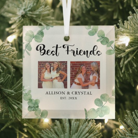 Best Friends Custom 2 Foto Collage Eukalyptus Ornament Aus Glas (Insitu)