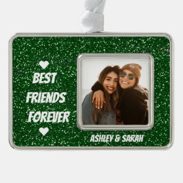 Best Friends Custom Foto und Name Green Glitzer Rahmen-Ornament Silber