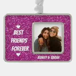 Best Friends Custom Foto und Name Pink Glitzer Rahmen-Ornament Silber