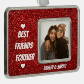 Best Friends Custom Foto und Name Red Glitzer Rahmen-Ornament Silber (Rechts)