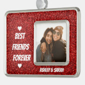 Best Friends Custom Foto und Name Red Glitzer Rahmen-Ornament Silber (Links)