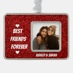Best Friends Custom Foto und Name Red Glitzer Rahmen-Ornament Silber