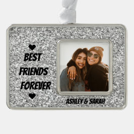 Best Friends Custom Foto und Name Silber Glitzer Rahmen-Ornament Silber
