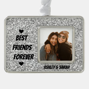Best Friends Custom Foto und Name Silber Glitzer Rahmen-Ornament Silber