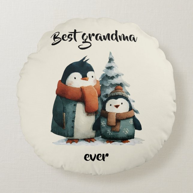 Best Grandma Ever Winter Penguins Rundes Kissen (Vorderseite)