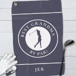 Best Grandma Golfer Monogrammed Sports Pro Blue Golfhandtuch<br><div class="desc">Humorous custom design features a lady golfer silhouette set in a trendy blue and white shape bordered with curved text "Best Grandma By Par!" in crisp white font. You will also find a modern template for a monogrammed name, initials or custom text. The background is solid blue. If you have...</div>