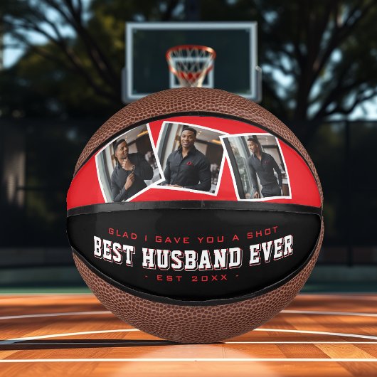 Best Husband Ever 3 Photo Collage Red & Black Mini Basketball