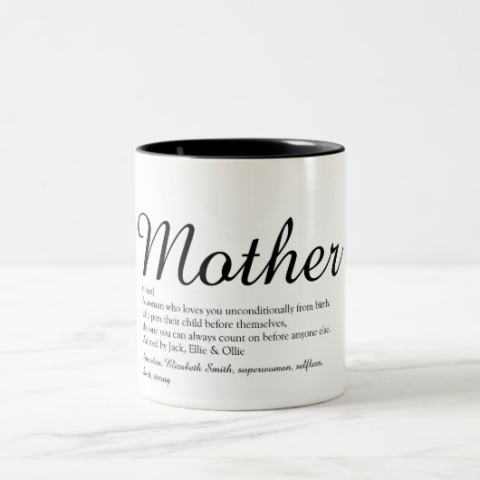 Best Mom, Mum, Mother Definition Modern Script Zweifarbige Tasse (Mittel)