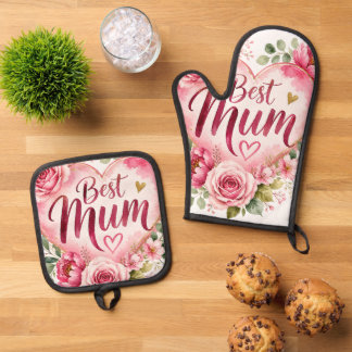 Best Mum Aquarell Blumenherz Design Ofenhandschuh & Topflappen-Set