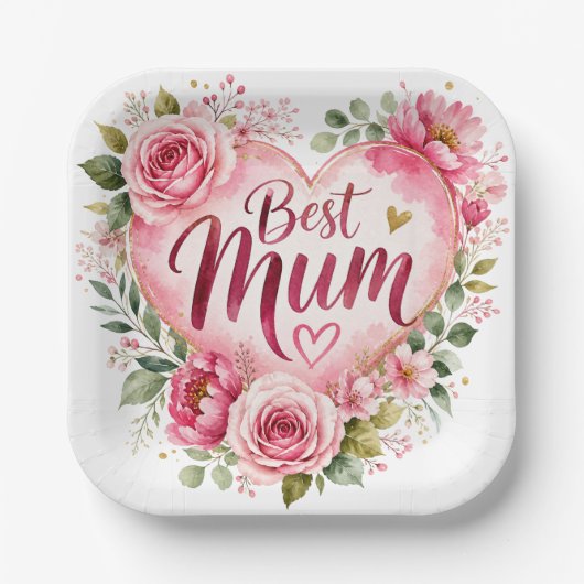Best Mum Aquarell Blumenherz Design Pappteller (Vorderseite)