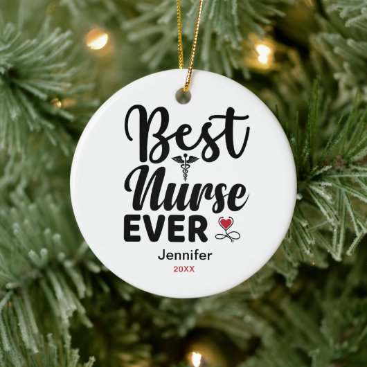 Best Nurse je Caduceus Herz Personalisiert Keramik Ornament (Baum)