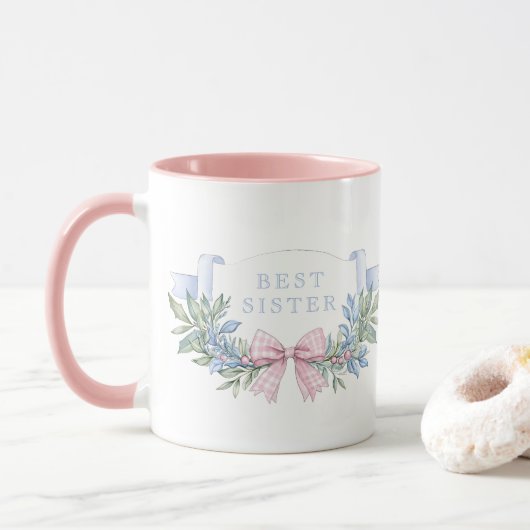 Best Sister | Pink Gingham Grandmillennial Tasse (Mit Donut)
