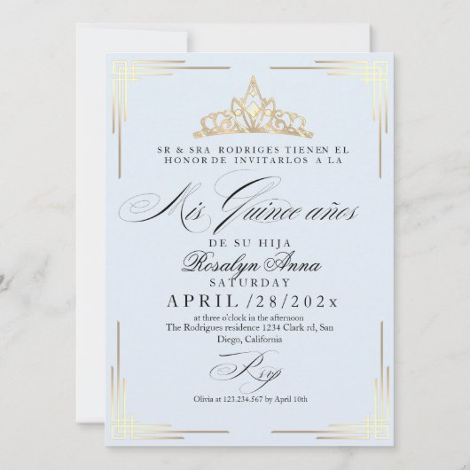 Best Spanish Mis Quince años Script Gold Blue Einladung (Rückseite)