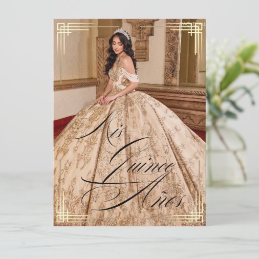 Best Spanish Mis Quince años Script Gold Blue Einladung (Stehend Vorderseite)