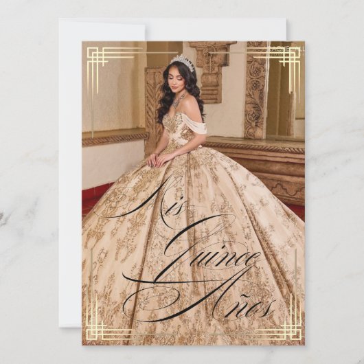Best Spanish Mis Quince años Script Gold Blue Einladung (Vorderseite)