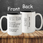 Best Team Individuelle Name & Title-Bewertung Zweifarbige Tasse<br><div class="desc">Feiern Sie Teamwork mit diesem "Best Team" personalisierten Schlamm. Mit einer lustigen Wörterbuchdefinition auf der einen Seite und Platz zum Hinzufügen eines individuellen Namens und eines Arbeitsplatzes auf der anderen Seite ist es das ideale Dankeschön für Kollegen, Projektleiter oder ganze Teams. Diese Tasse ist eine einzigartige Möglichkeit, harte Arbeit, Teamgeist...</div>
