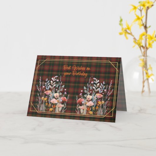 Best Wishes On Birthday Canadian Maple Leaf Tartan Karte (Gelbe Blume)