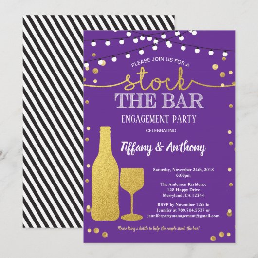 Bestand an lila und goldenen Bar Einladung (Vorne/Hinten)
