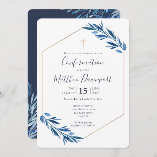 Bestätigung Blaues Blattwerk Einladung (Vorne/Hinten)