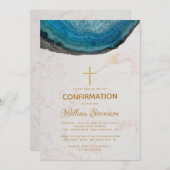 Bestätigung Blue Geode Marble Gold Cross Boy Einladung (Vorne/Hinten)