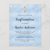 Bestätigung Blue Junge elegante Skript einfach Einladungspostkarte (Vorderseite)