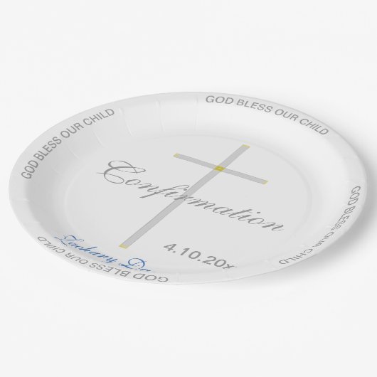 Bestätigung Boy Blue Name Silver Cross Pappteller (Schrägansicht)