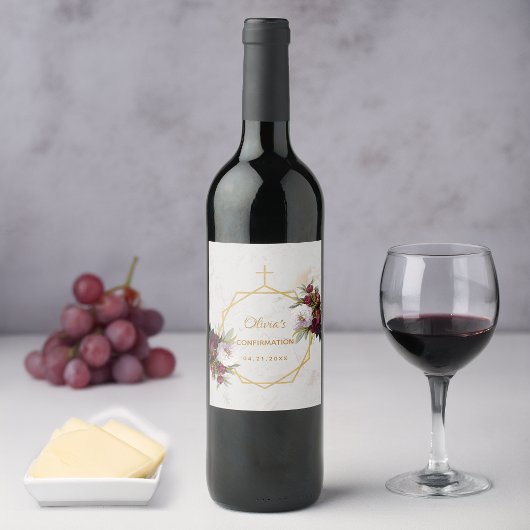 Bestätigung Burgundy Peonies Gold Marble Floral Weinetikett