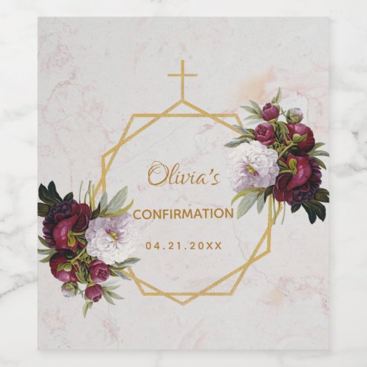 Bestätigung Burgundy Peonies Gold Marble Floral Weinetikett (Einzelnes Label)